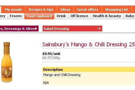 Incorrectly spelled bottle of Mango and Chilli Dressing